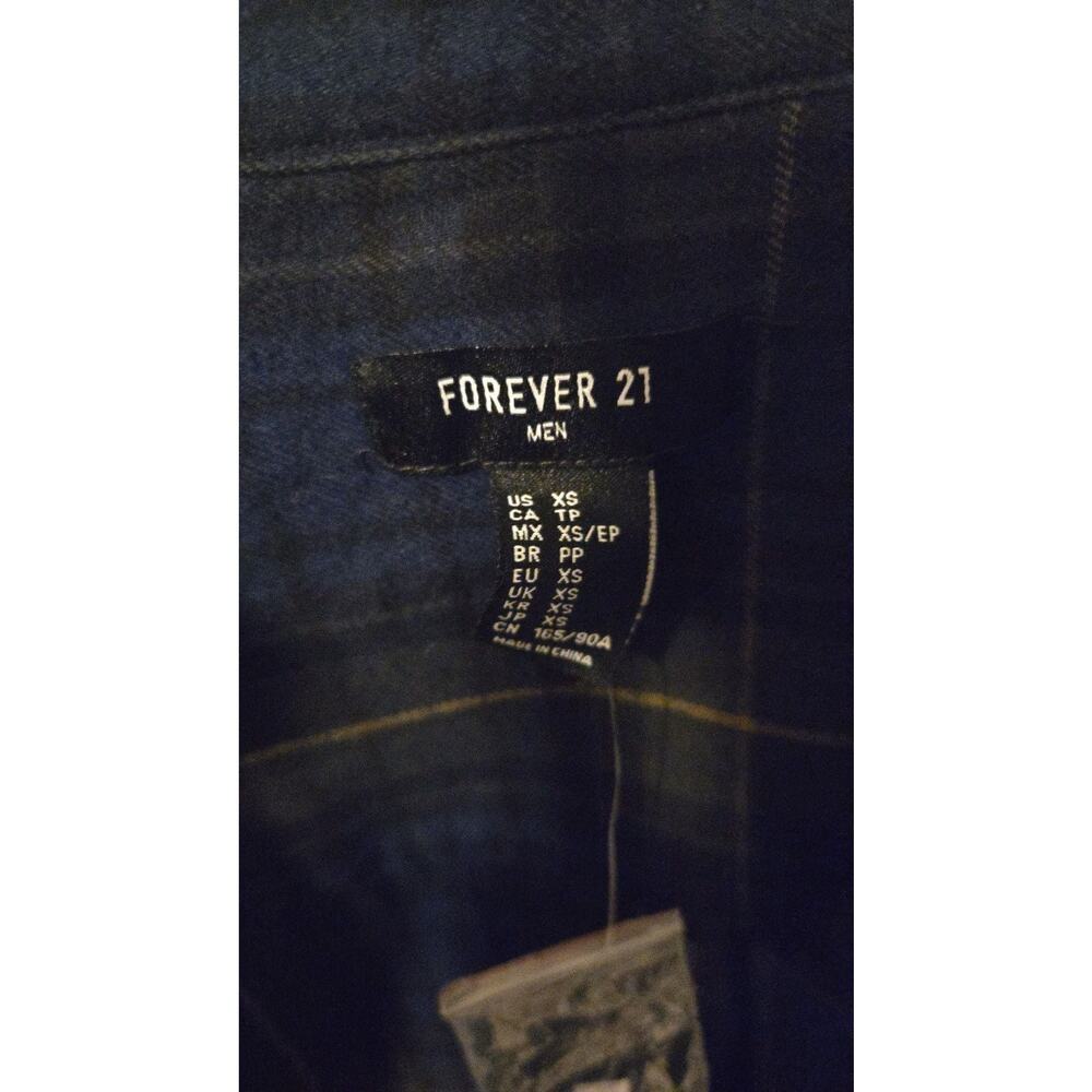 Forever 21 Men's Navy and Olive Green Plaid Flannel Button Down Shirt - Picture 2 of 3